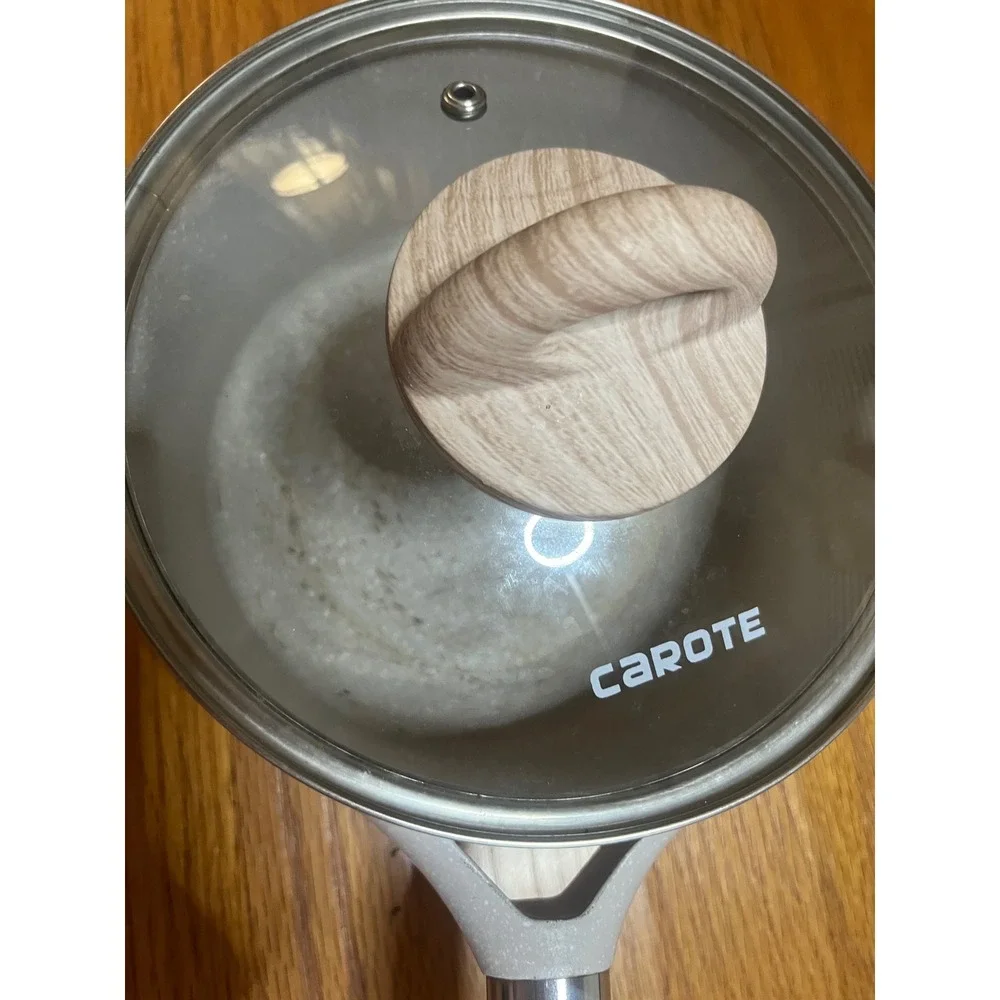 Carote Nonstick Saucepan with Lid Wood Effect Handle Granite Coating White 2qt